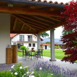 Überdachung einer Terrasse aus Altholz. Im Vordergrund blüht Lavendek umrahmt von Japanischem Ahorn