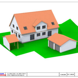 Bild eines 3D Modells eines Doppelhauses mit separater Doppelgarage